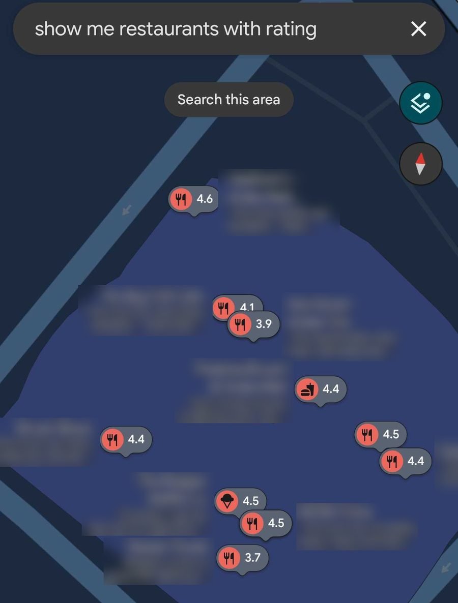Google Maps showing restaurant pins with their star ratings, names blurred