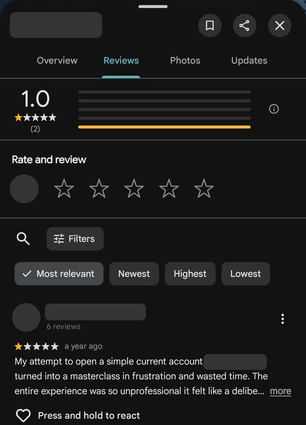 A Google reviews tab showing a 1.0 rating from two reviews, business and reviewer names hidden