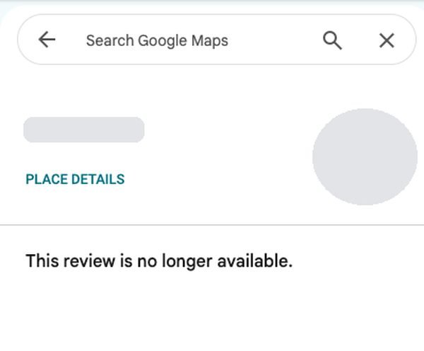 The same Google Maps review link now showing the message This review is no longer available