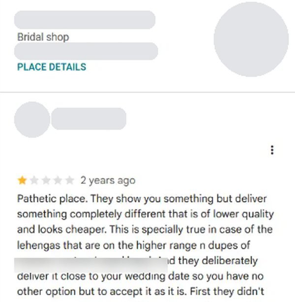 A one-star Google Maps review of a bridal shop, business and reviewer names hidden