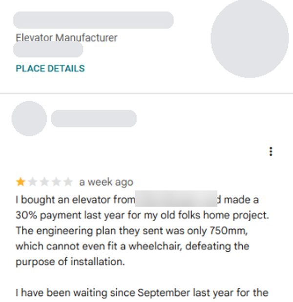 A one-star Google Maps review of an elevator manufacturer, business and reviewer names hidden
