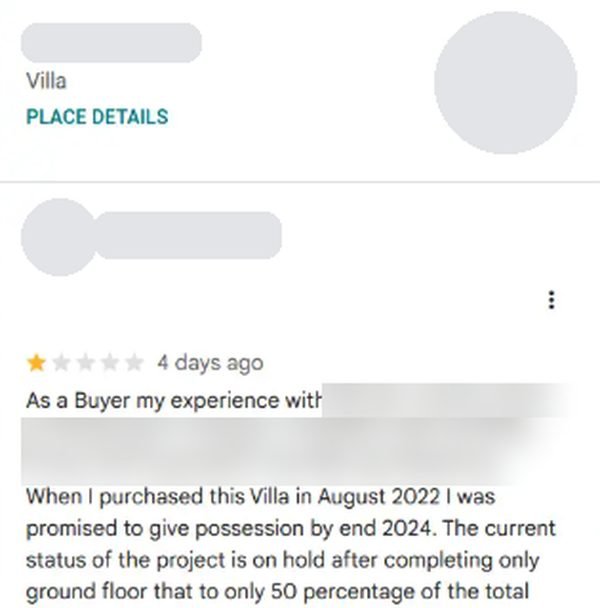 A one-star Google Maps review of a villa project, project and reviewer names hidden
