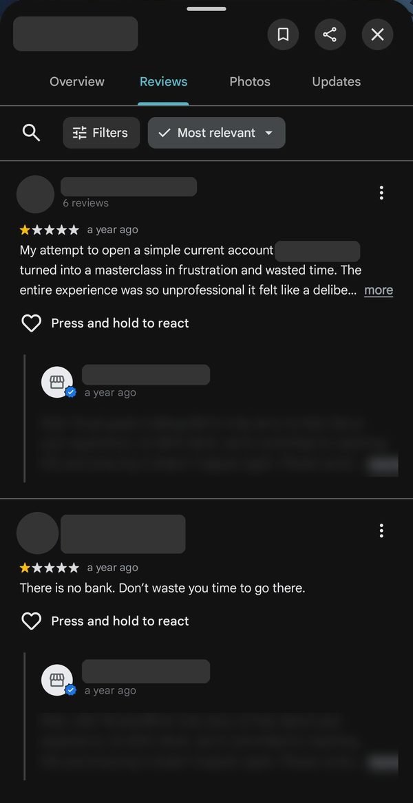 A business's Google reviews tab with two one-star reviews, names and replies hidden