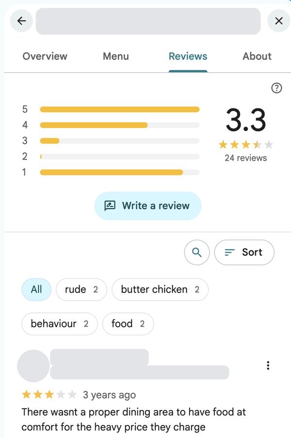 A restaurant's Google reviews tab showing a 3.3 rating from 24 reviews and the filter chips rude and behaviour, business and reviewer names hidden