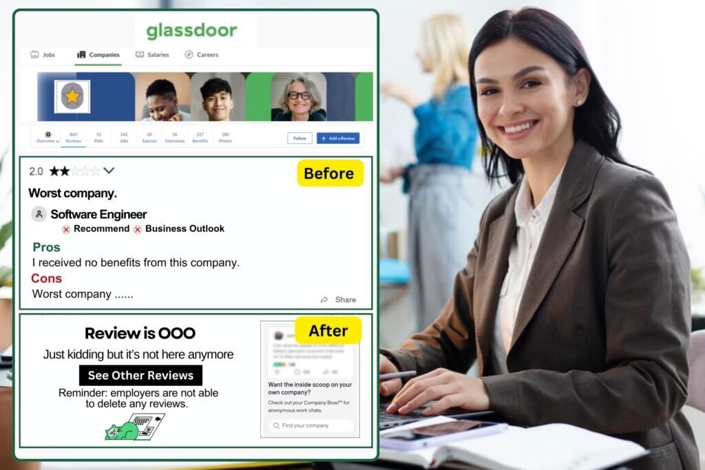Employer review removal specialist reviewing an Indeed Company Page