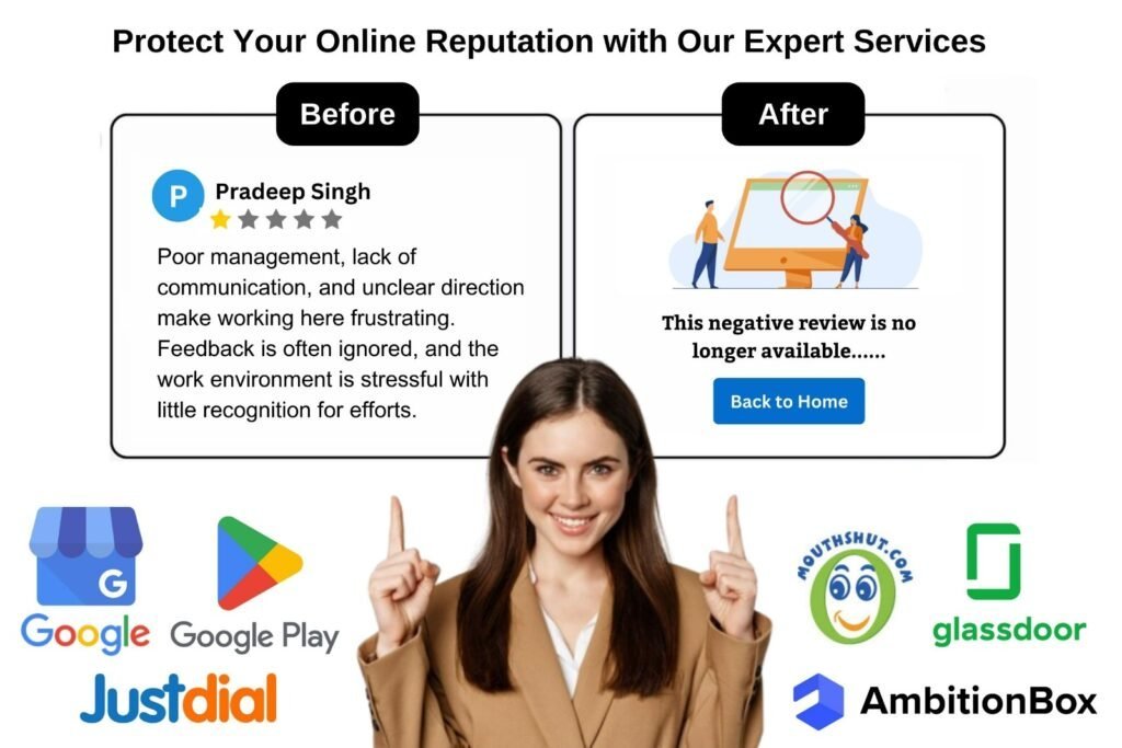 Before and after view of a fake negative review removed across Google, Google Play, Justdial, MouthShut, Glassdoor and AmbitionBox